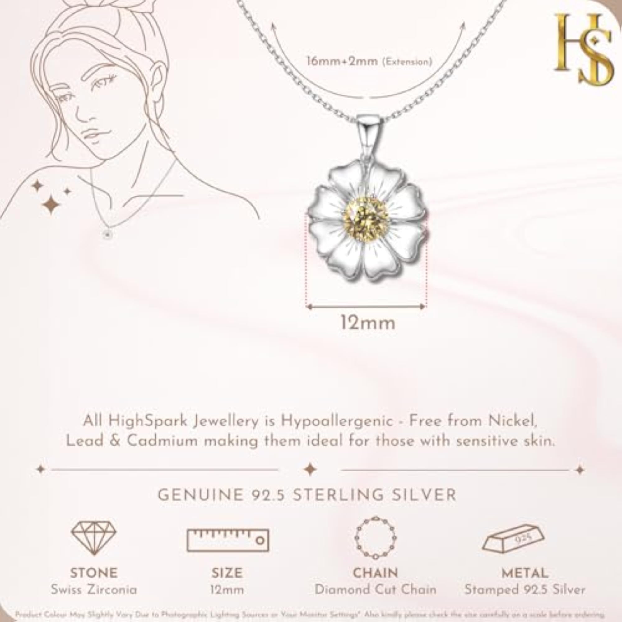 Women's 925 Sterling Silver Sunflower Solitaire Pendant & Chain